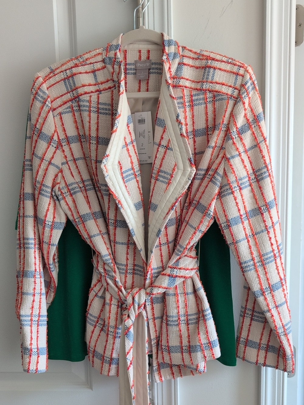 NWT Chico's Tweed  Fashion Stripe  Belted Blazer W Orange & Blue  Accents